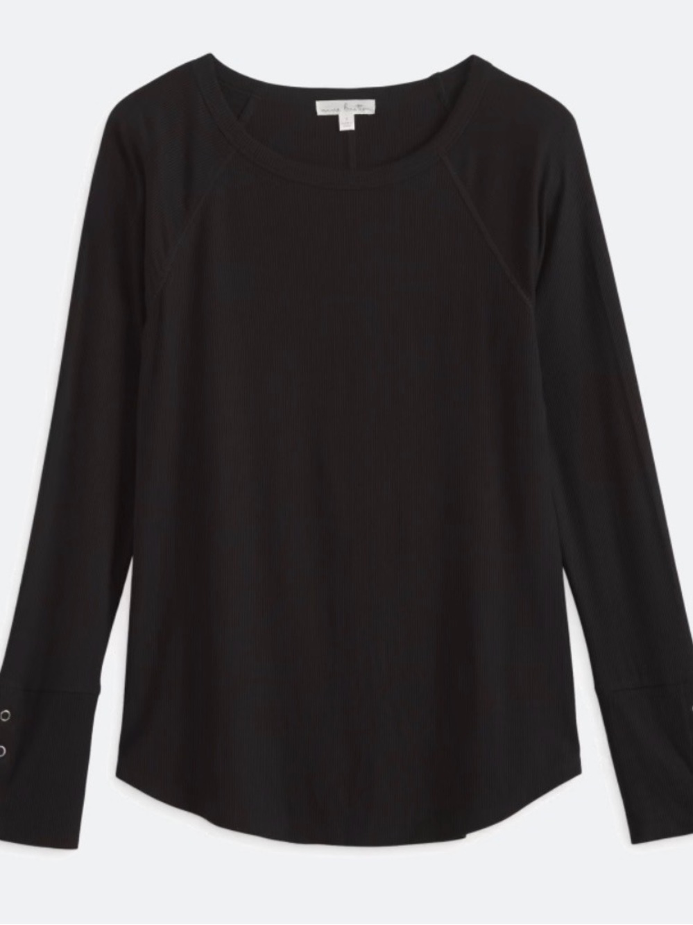 Nine Britton Colmar Black Long-Sleeve Ribbed Crewneck Top with Button Cuffs